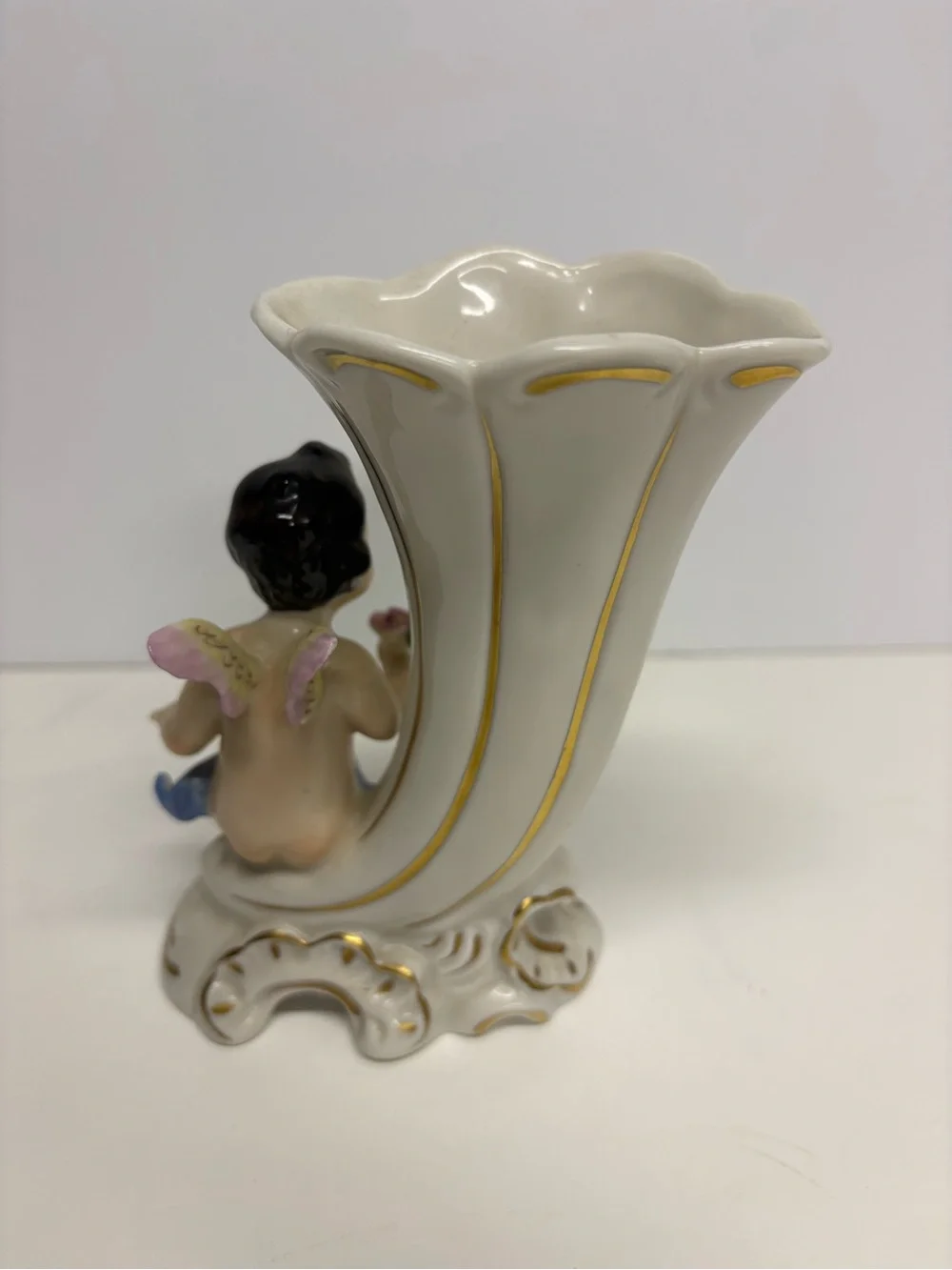 Vintage Porcelain Cherub Cornucopia Vase in White and Gold